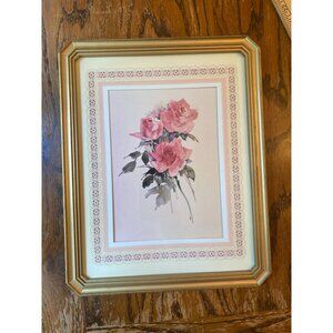 Vintage Gold-Framed Floral Watercolor Art With Pink Rose Bouquet & Ornate Lace M